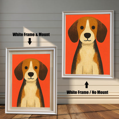 Beagle dog art print on an orange background shown in two White frames. The left image is framed with a white mat/mount, and the right image is framed without a mat.
