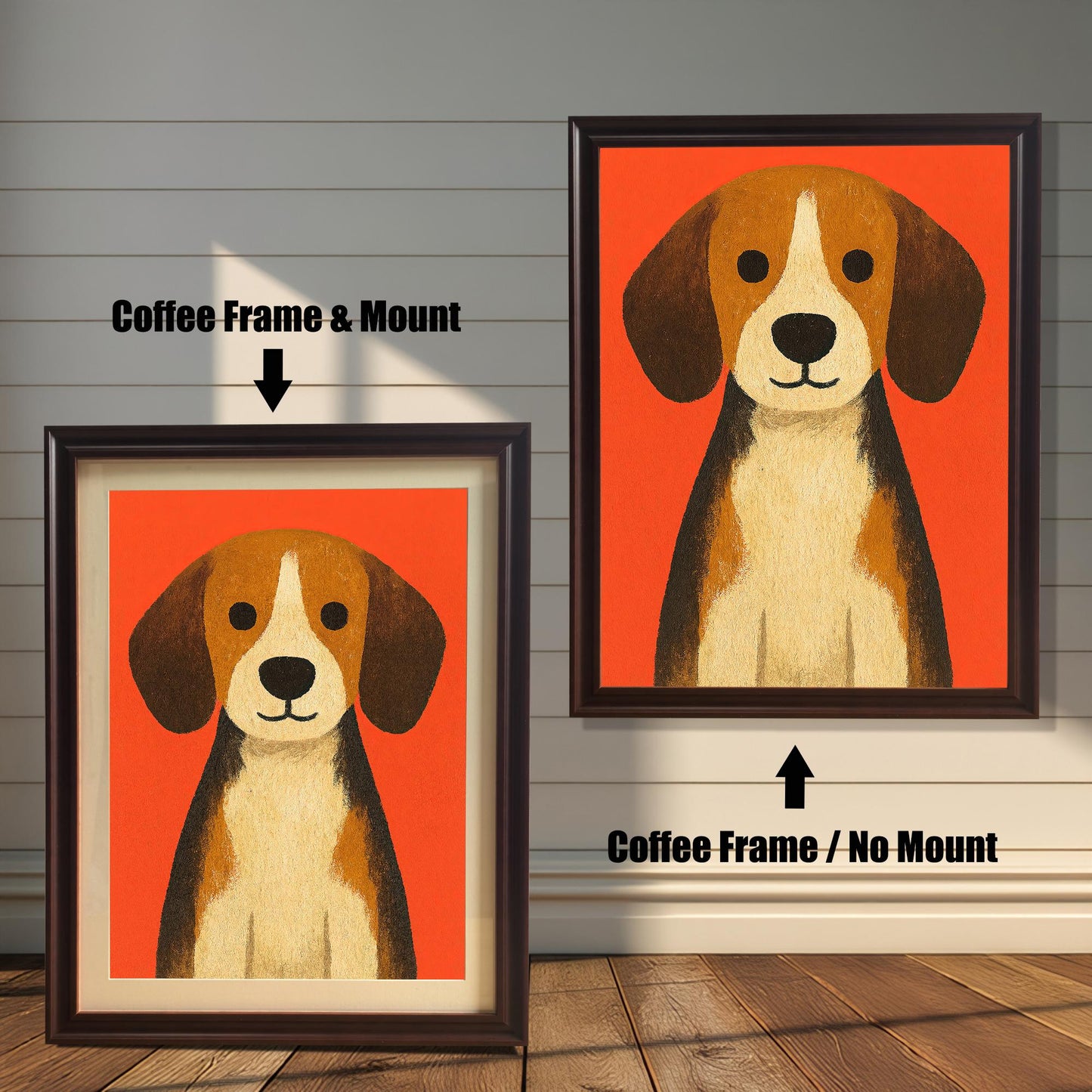 Beagle dog art print on an orange background shown in two Coffee (dark brown) frames. The left image is framed with a white mat/mount, and the right image is framed without a mat.