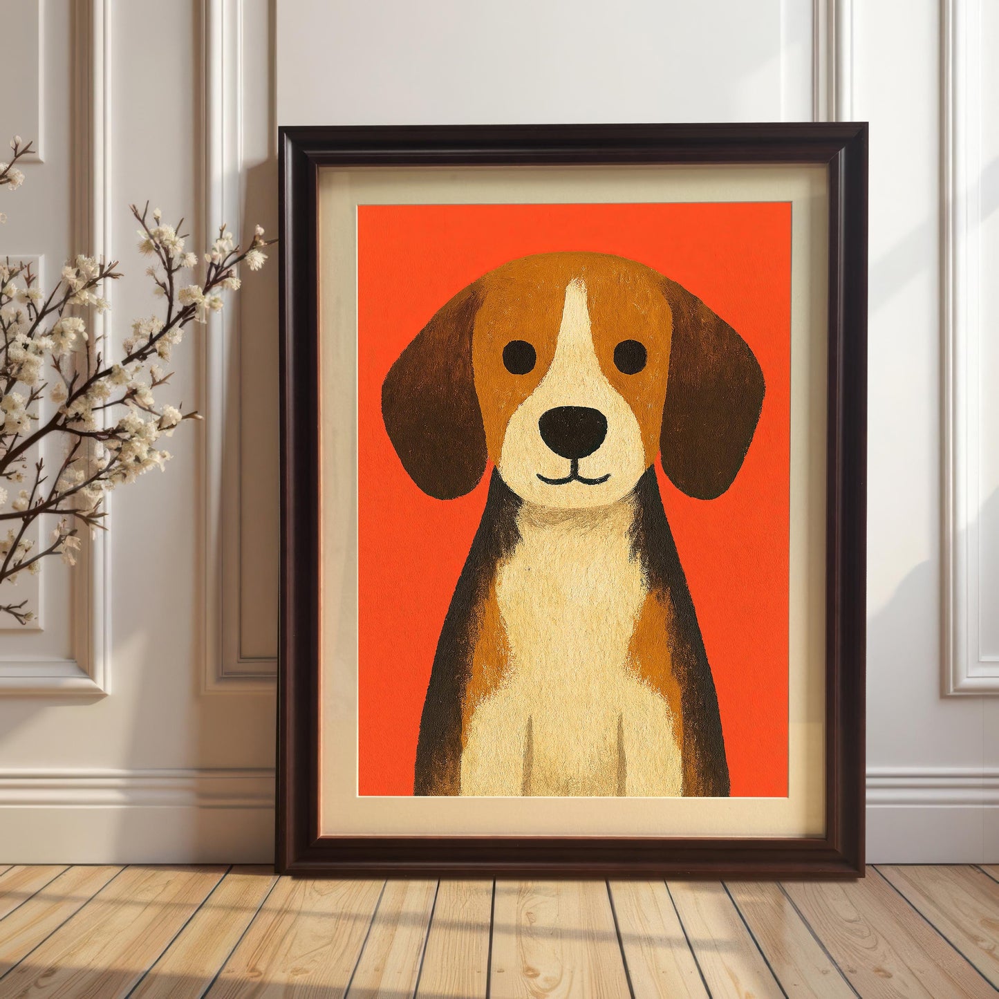 Beagle dog art print in a dark brown (coffee) frame with a white mat/mount leaning on a wooden floor against a white wall with wainscoting. A branch of white blossoms is visible on the left.