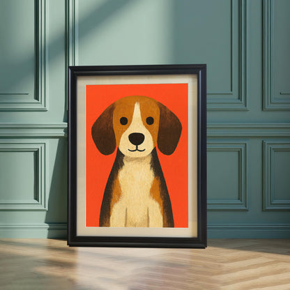 Beagle dog art print in a black frame with a white mat/mount leaning on a wooden floor against a teal/green wainscoted wall. Sunlight casts a diagonal shadow across the wall and the frame.