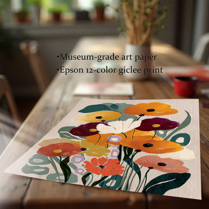 Close-up of the abstract floral art print resting on a wooden table, emphasizing the print quality. Text on the image highlights "Museum-grade art paper" and "Epson 12-color giclee print."