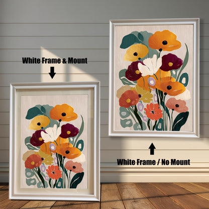 Abstract floral art print shown in two white wood frames. The lower framed image includes a white mat/mount, while the one on the wall is framed without a mat.