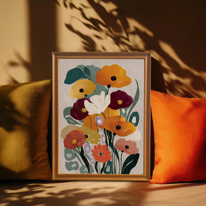Abstract floral art print in an orange/light brown frame resting between two cushions, one yellow and one orange, with shadows cast across the wall behind it.
