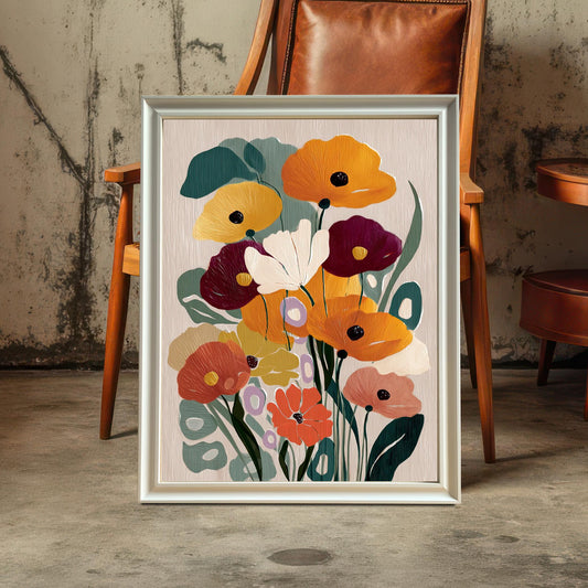 Abstract floral art print in a white frame leaning on a concrete floor next to a vintage wooden chair with a leather seat.