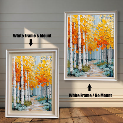 Two versions of the aspen forest print against a rustic wooden wall. The print is an impasto style showing white birch trees and colorful fall foliage. The left print has a white frame and a mount, while the right print has a white frame and no mount.