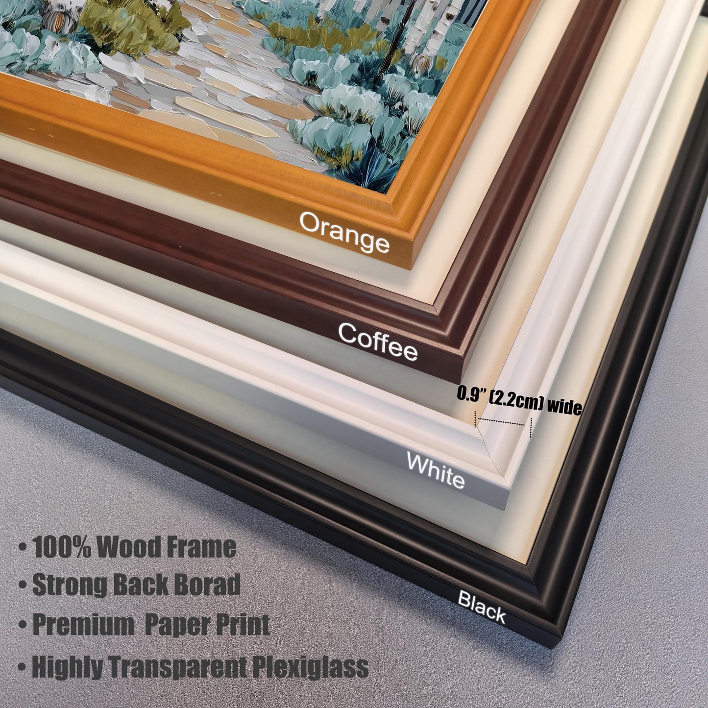 A close-up stack of four frame corner samples showing different color options and frame details. The colors, from top to bottom, are Orange, Coffee (dark brown), White, and Black. The text notes the frame is 0.9 ′′(2.2cm) wide and lists features: 100% Wood Frame, Strong Back Board, Premium Paper Print, and Highly Transparent Plexiglass.