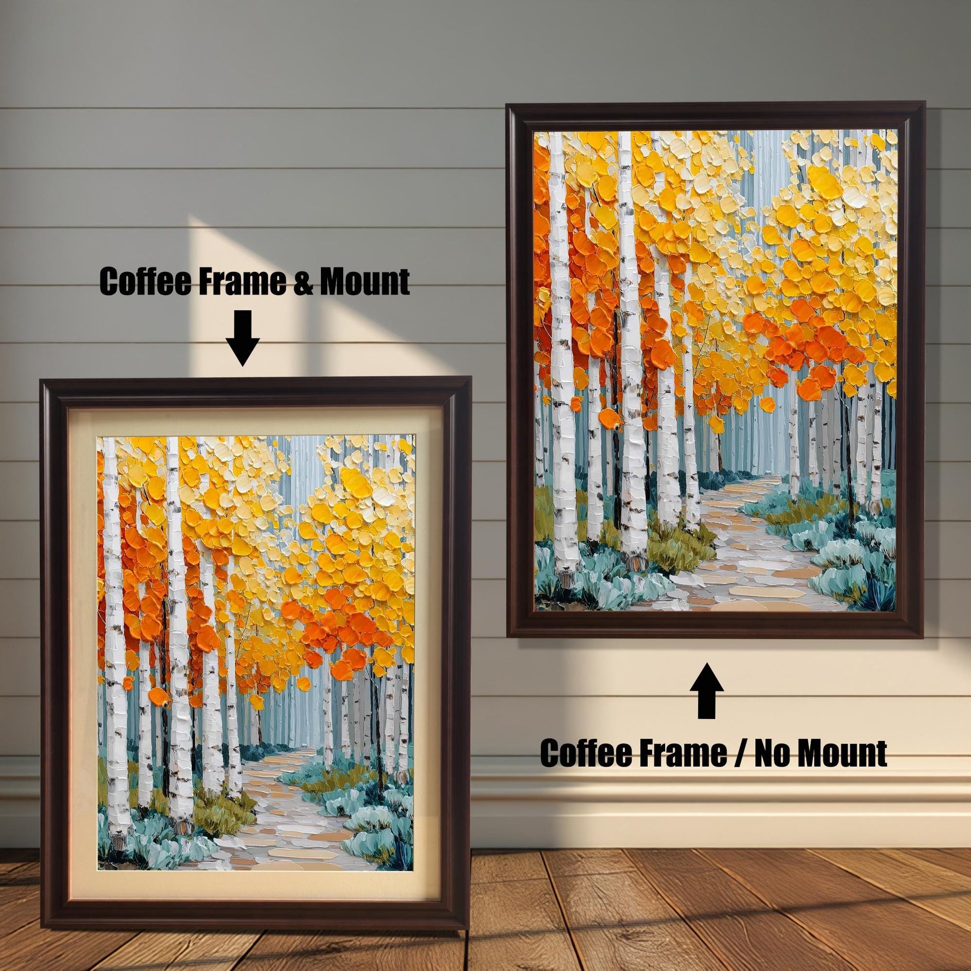 Two versions of a vibrant impasto print of an aspen forest with a path, against a rustic wooden wall. The left print is in a Coffee (dark brown) frame and includes a light-colored mount (mat). The right print is in a Coffee frame with no mount.