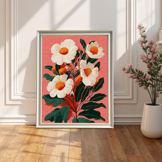 A framed floral print leaning on a wooden floor against a white paneled wall. The frame is white. Sun shadows fall across the art and the floor. A white vase with a pink-flowering plant is to the right.