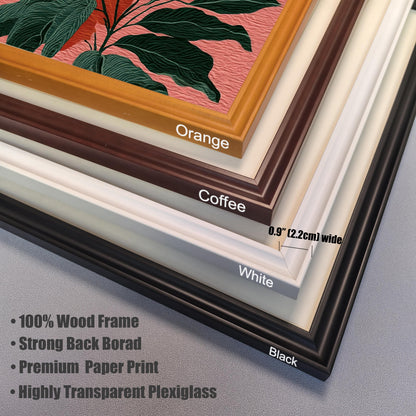 A stack of four frame samples showing different color options and a close-up of the frame profile. The colors, from top to bottom, are Orange, Coffee (dark brown), White, and Black. Text states the frame is 0.9 ′′(2.2cm) wide and lists features: 100% Wood Frame, Strong Back Board, Premium Paper Print, and Highly Transparent Plexiglass.