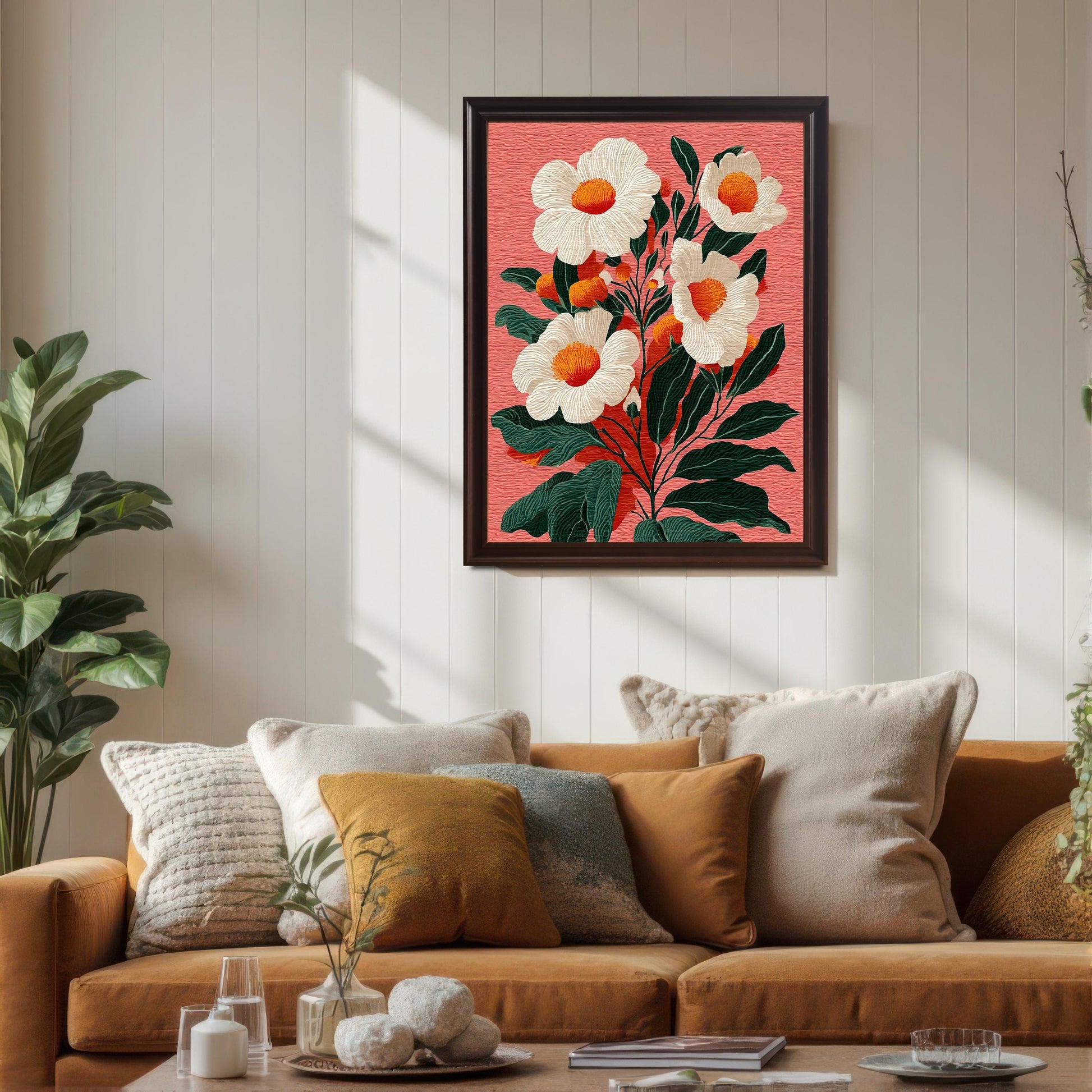 A framed floral print featuring white flowers with orange centers on a textured salmon-pink background, hanging above a mustard-colored sofa. The frame is a dark brown (Coffee) color. Sunlight casts strong shadows across the white paneled wall and the art, enhancing the cozy living room scene with pillows and a side plant.