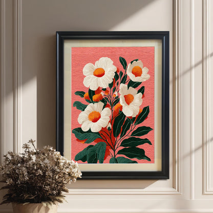 A framed floral print with a black frame and a beige mount hanging on a white paneled wall. A potted bouquet of dried white flowers sits on the wooden floor next to the art.