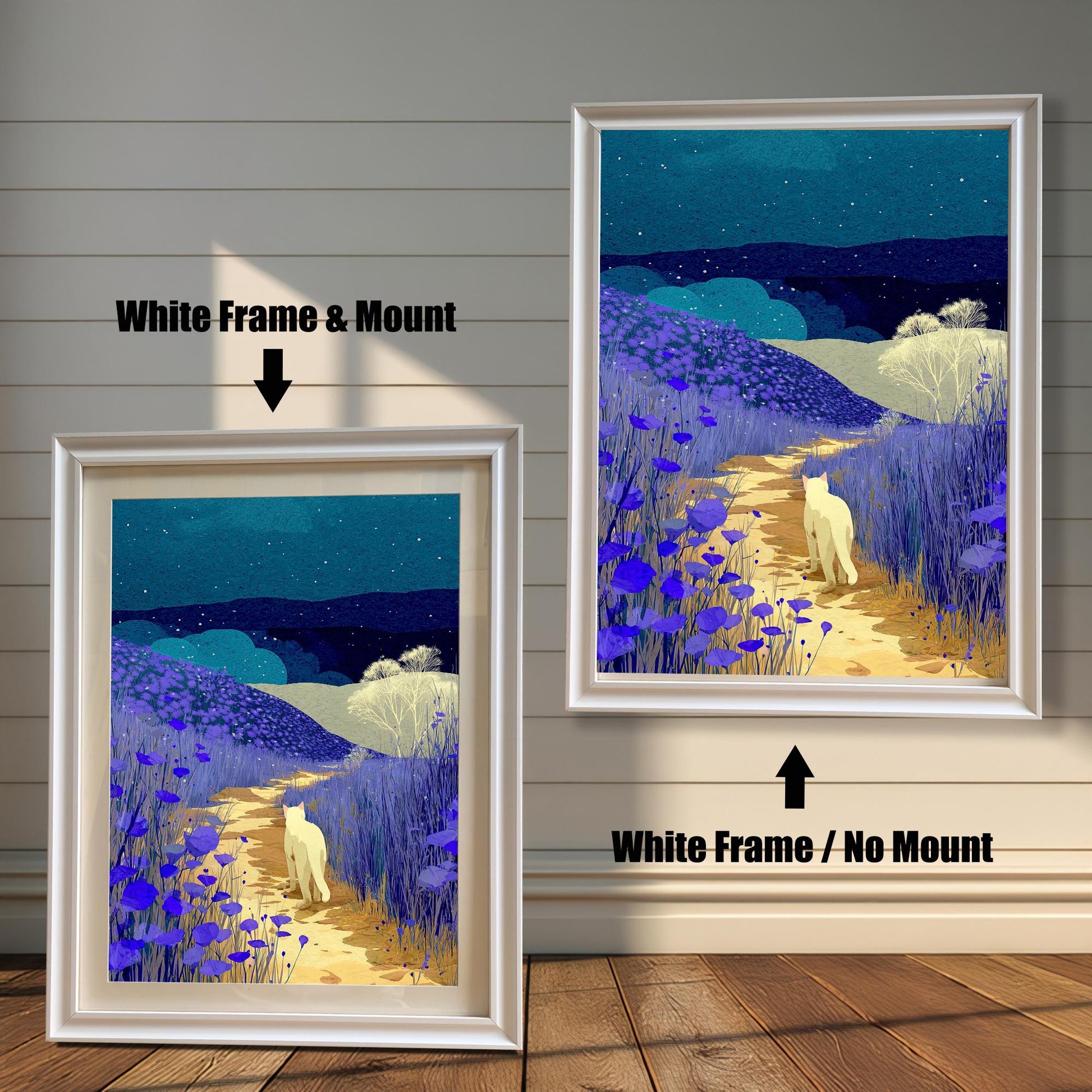 Comparison image showing two framed prints of the night landscape art against a white wooden-paneled wall. The left print has a White frame and a white mount (matting), labeled "White Frame & Mount." The right print has a White frame with no mount, labeled "White Frame / No Mount."