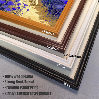Close-up studio shot showing the four available frame colors stacked on top of each other at the corner joint: Orange, Coffee, White, and Black. The image also highlights that the frames are 100% Wood, 0.9" (2.2cm) wide, and feature a Premium Paper Print and Highly Transparent Plexiglass.