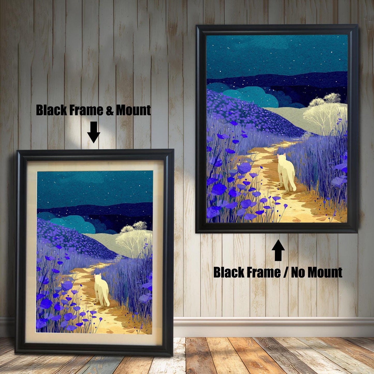 Comparison image showing two framed prints of a night landscape with a white cat on a path surrounded by purple flowers. The left print has a Black frame and a light-colored mount (matting), labeled "Black Frame & Mount." The right print has a Black frame with no mount, labeled "Black Frame / No Mount."