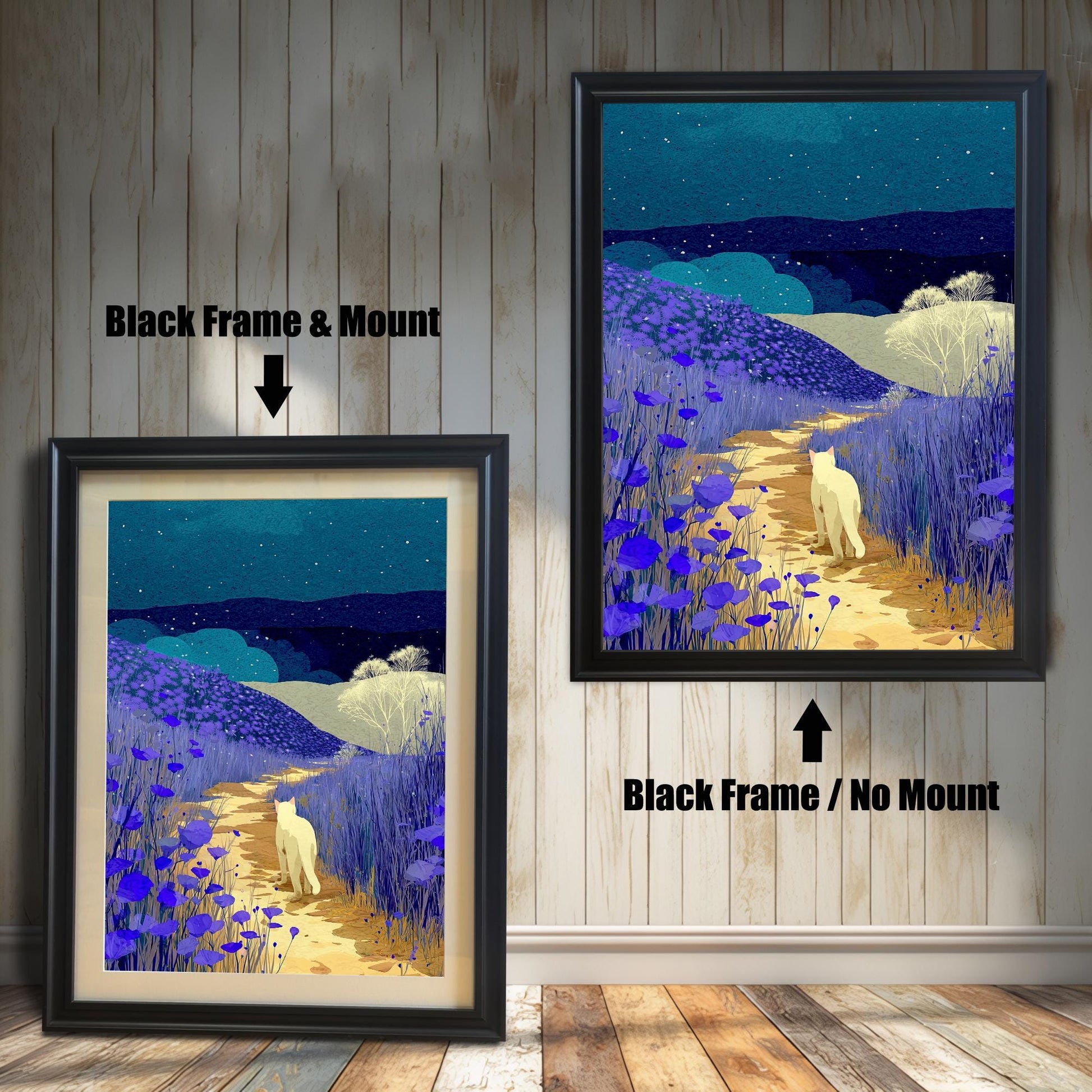 Comparison image showing two framed prints of a night landscape with a white cat on a path surrounded by purple flowers. The left print has a Black frame and a light-colored mount (matting), labeled "Black Frame & Mount." The right print has a Black frame with no mount, labeled "Black Frame / No Mount."