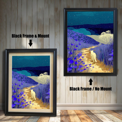 Comparison image showing two framed prints of a night landscape with a white cat on a path surrounded by purple flowers. The left print has a Black frame and a light-colored mount (matting), labeled "Black Frame & Mount." The right print has a Black frame with no mount, labeled "Black Frame / No Mount."