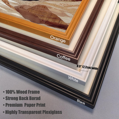 Close-up studio shot showing the four available frame colors stacked on top of each other at the corner joint: Orange, Coffee, White, and Black. The image also highlights the frames are 100% Wood, 0.9" (2.2cm) wide, and feature a Premium Paper Print and Highly Transparent Plexiglass.