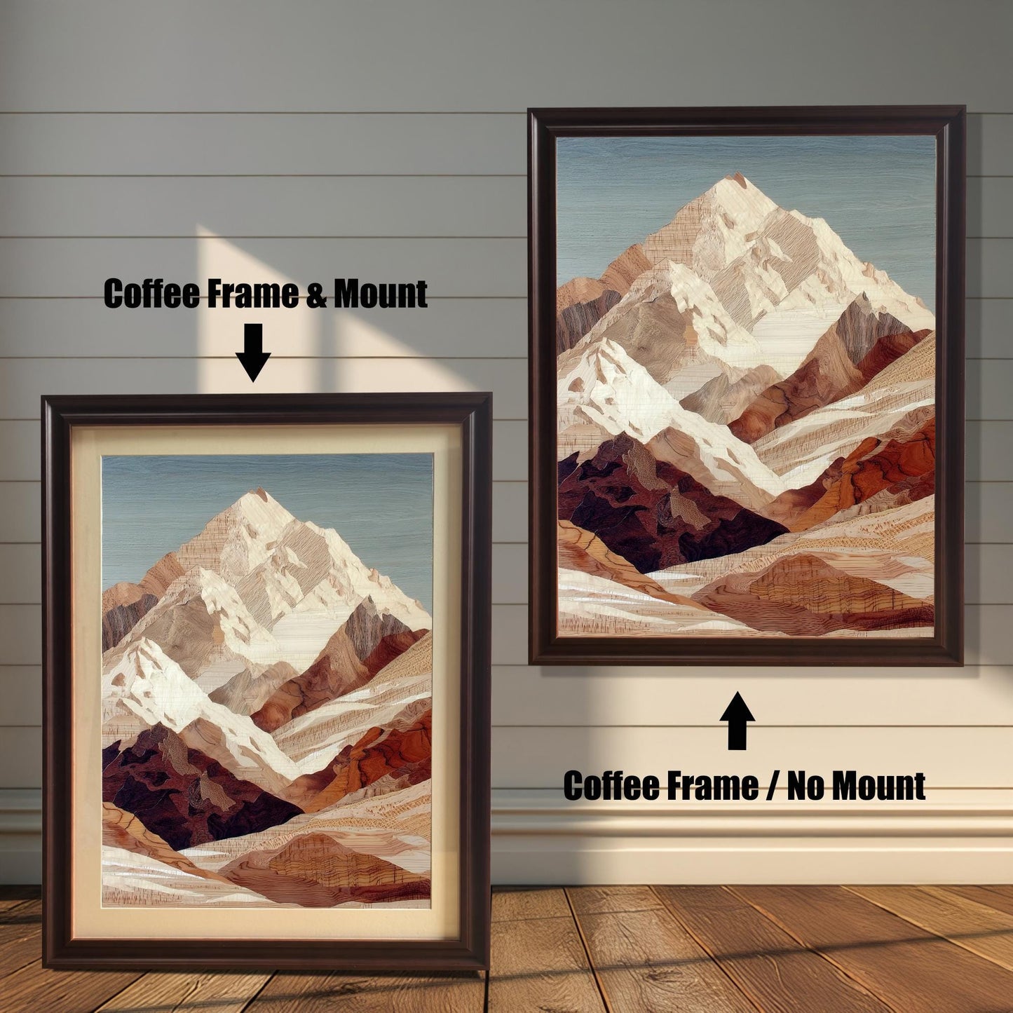 Comparison image showing two framed prints of the mountain art against a white wooden-paneled wall. The left print has a Coffee-colored (dark brown) frame and a light-colored mount (matting), labeled "Coffee Frame & Mount." The right print has a Coffee frame with no mount, labeled "Coffee Frame / No Mount."