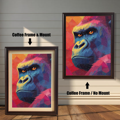 Comparison image showing two framed prints of the gorilla art against a white wooden-paneled wall. The left print has a coffee-colored (dark brown) frame and a white mount (matting). The right print has a coffee-colored frame with no mount. Arrows point to and label each option.
