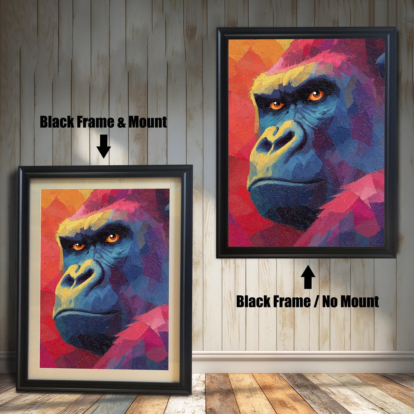 Comparison image showing two framed prints of the gorilla art against a vertical wooden-paneled wall. The left print has a black frame and a cream-colored mount (matting), labeled "Black Frame & Mount." The right print has a black frame with no mount, labeled "Black Frame / No Mount."