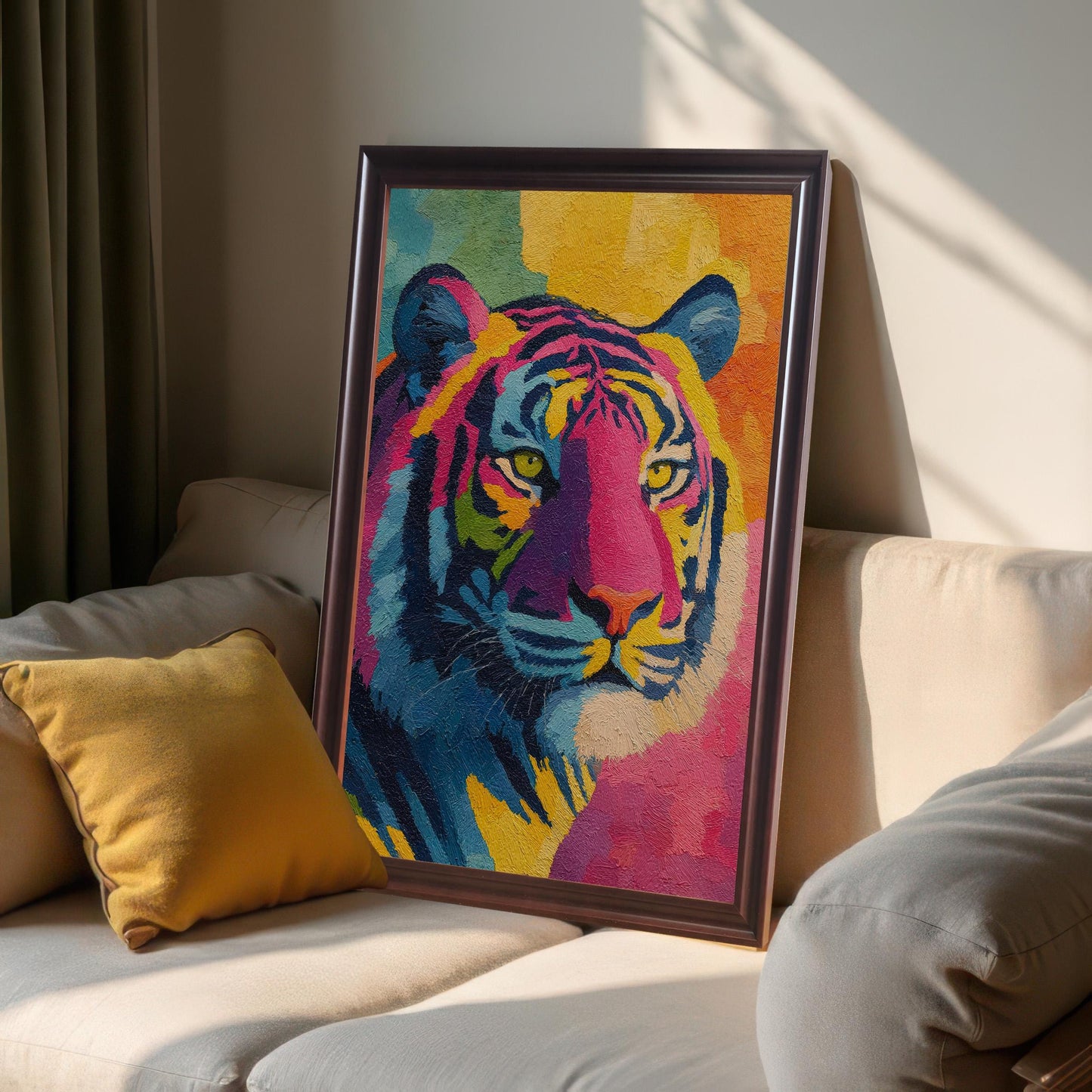 Framed art print of the colorful tiger portrait in a dark/coffee frame, resting on a cream-colored couch next to a yellow pillow, showing a cozy, sunlit interior.