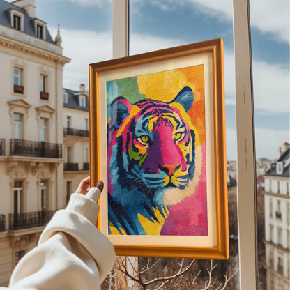 A person's hand holds up the framed colorful tiger art print in an Orange/Gold frame against the backdrop of a sunny European cityscape viewed through a window.