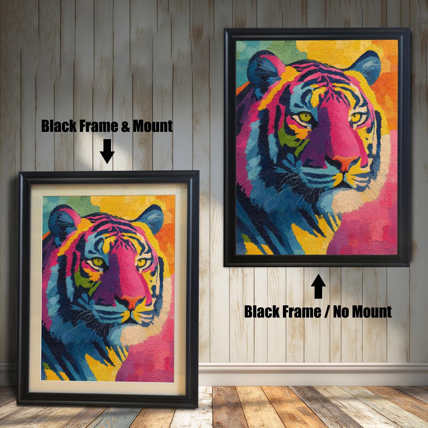 Comparison image of the tiger art print in a Black Frame. The left shows "Black Frame & Mount" (with matting and a light-colored mount/mat), and the right shows "Black Frame / No Mount" (full-bleed art).