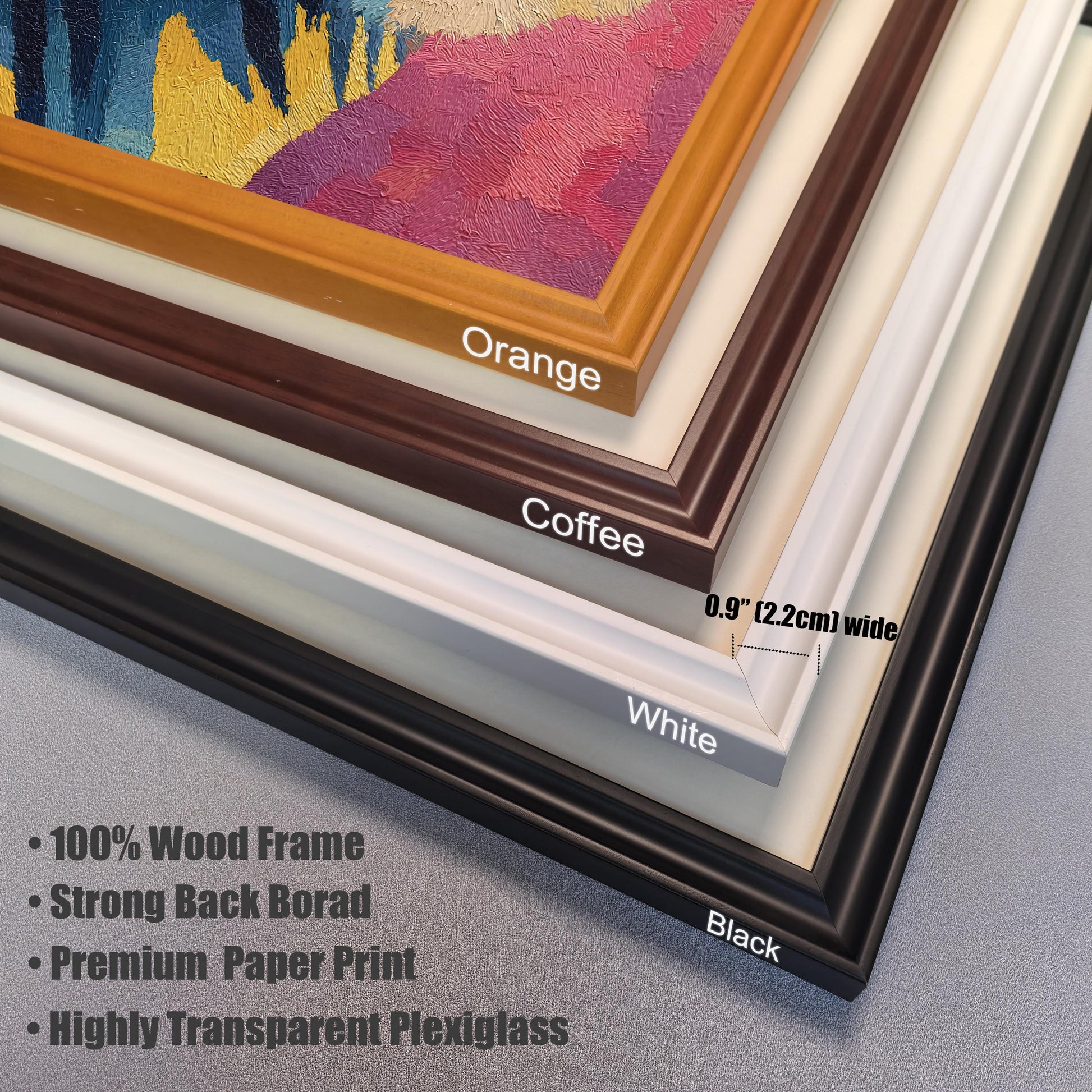 Close-up detail of four available frame colors—Orange, Coffee, White, and Black—showing the 0.9 inch (2.2cm) width. Text lists product features: "100% Wood Frame," "Strong Back Board," "Premium Paper Print," and "Highly Transparent Plexiglass."
