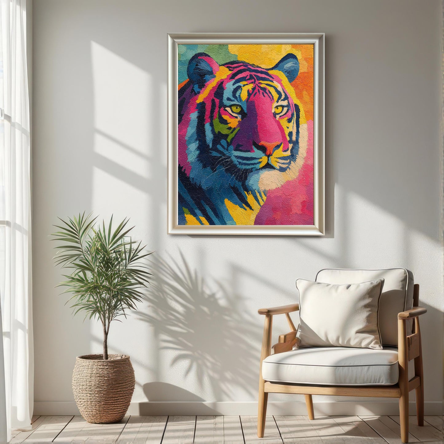 A framed art print of a colorful, pop-art style tiger portrait in a White/Silver frame, hanging on a white wall in a sunlit room. The art is placed above a wooden armchair, next to a large window and a potted plant.