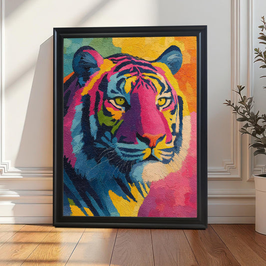 Framed art print of the colorful tiger in a black frame, leaning on a wooden floor against a white paneled wall with a potted plant on the right, bathed in strong natural light.