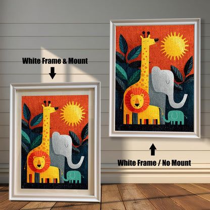 Comparison image of the jungle animal art print in a White Frame. The left shows "White Frame & Mount" (with matting), and the right shows "White Frame / No Mount" (full-bleed art).