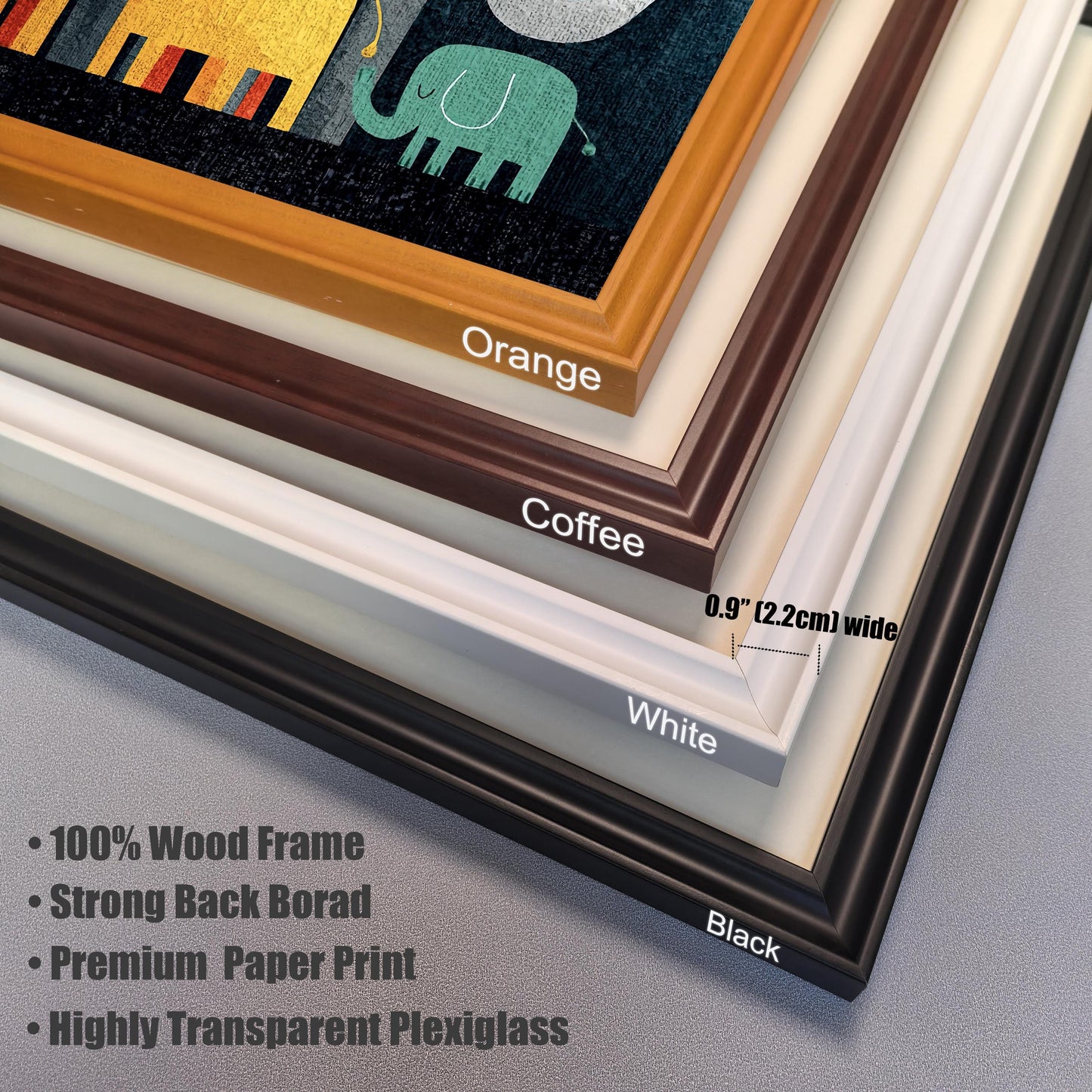 Close-up detail of four available frame colors—Orange, Coffee, White, and Black—showing the 0.9 inch (2.2cm) width. Text lists features: "100% Wood Frame," "Strong Back Board," "Premium Paper Print," and "Highly Transparent Plexiglass."