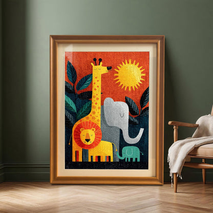 Framed art print of a lion, giraffe, and two elephants in a colorful, stylized jungle scene. The print is in an Orange/Gold frame with a mount, leaning against a dark green wall next to a wooden armchair.