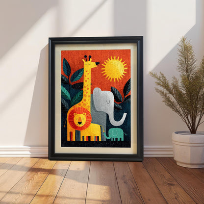A framed art print of stylized jungle animals (giraffe, lion, elephant, and baby elephant) in a black frame with a light-colored mat/mount. The print is leaning on a wooden floor against a white wall in direct sunlight, next to a large potted plant.