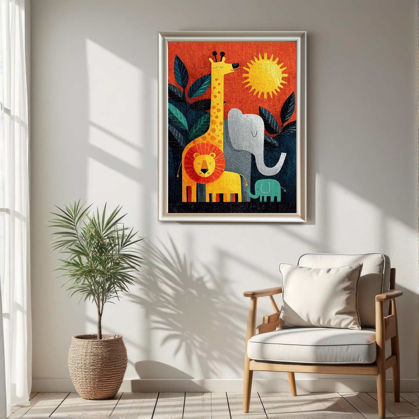 A framed art print of stylized jungle animals (giraffe, lion, elephant, and baby elephant) in a light-colored frame (likely White or Silver) hanging on a white wall in a sunlit room. The art is next to a large window, a potted palm plant, and a wooden armchair.