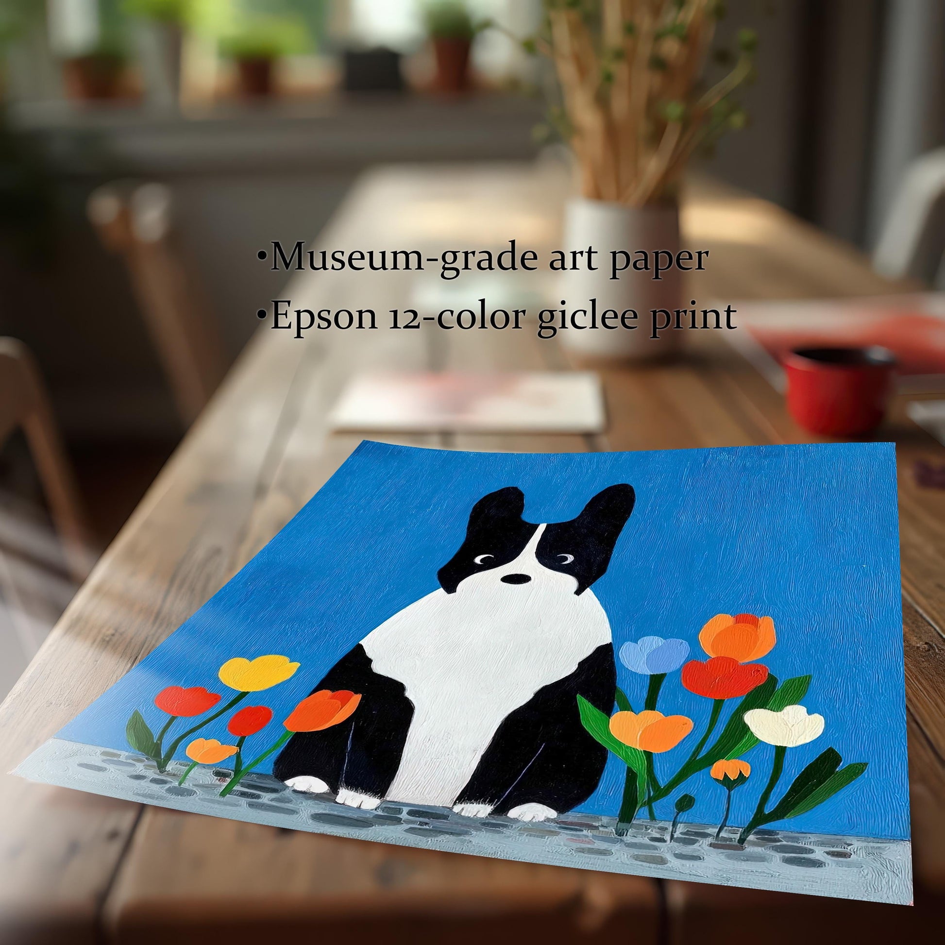 Close-up of the dog art print paper resting on a wooden table, detailing the print quality: "Museum-grade art paper" and "Epson 12-color giclee print."