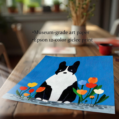Close-up of the dog art print paper resting on a wooden table, detailing the print quality: "Museum-grade art paper" and "Epson 12-color giclee print."