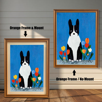 Comparison image of the dog art print in an Orange Frame. The left shows "Orange Frame & Mount" (with matting), and the right shows "Orange Frame / No Mount" (full-bleed art).
