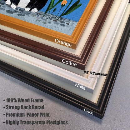 Close-up detail of four available frame colors—Orange, Coffee, White, and Black—showing the 0.9 inch (2.2cm) width. Text lists features: "100% Wood Frame," "Strong Back Board," "Premium Paper Print," and "Highly Transparent Plexiglass."