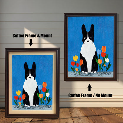 Comparison image of the dog art print in a Coffee (dark brown) Frame. The left shows "Coffee Frame & Mount" (with matting), and the right shows "Coffee Frame / No Mount" (full-bleed art) hanging on a white wall.