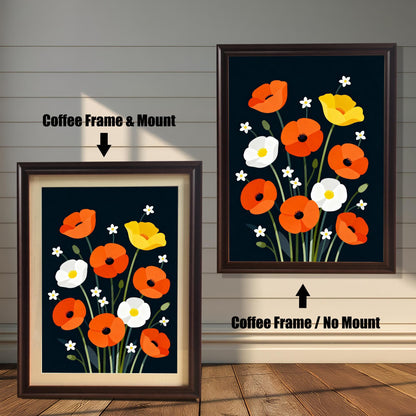 Comparison image showing the poppy print in a Coffee Frame & Mount (left) and a Coffee Frame / No Mount (right) against a white shiplap wall.