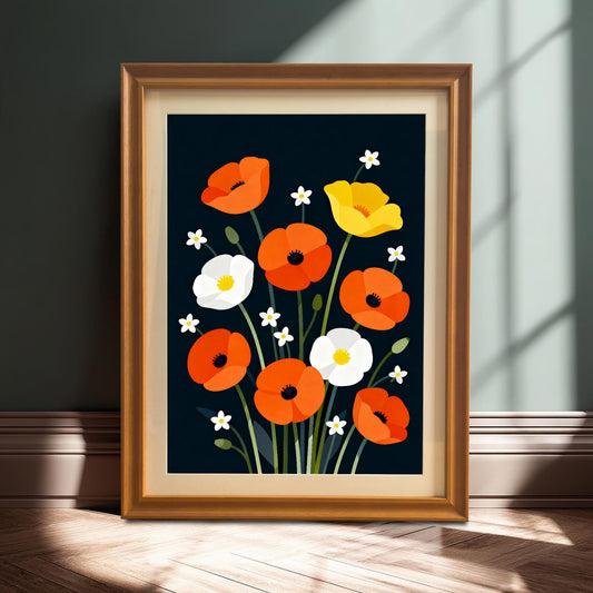 The framed poppy art print in an Orange/light-brown wooden frame with a mount is leaning on a hardwood floor against a dark green or gray wall, highlighting the colors of the art.