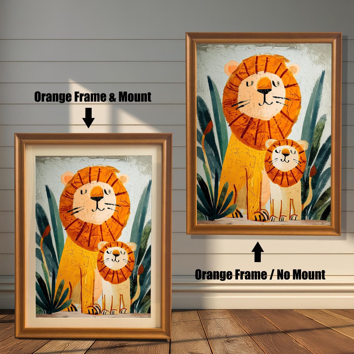 Comparison image showing the lion and cub print in an Orange Frame & Mount (left) and an Orange Frame / No Mount (right) against a white shiplap wall.