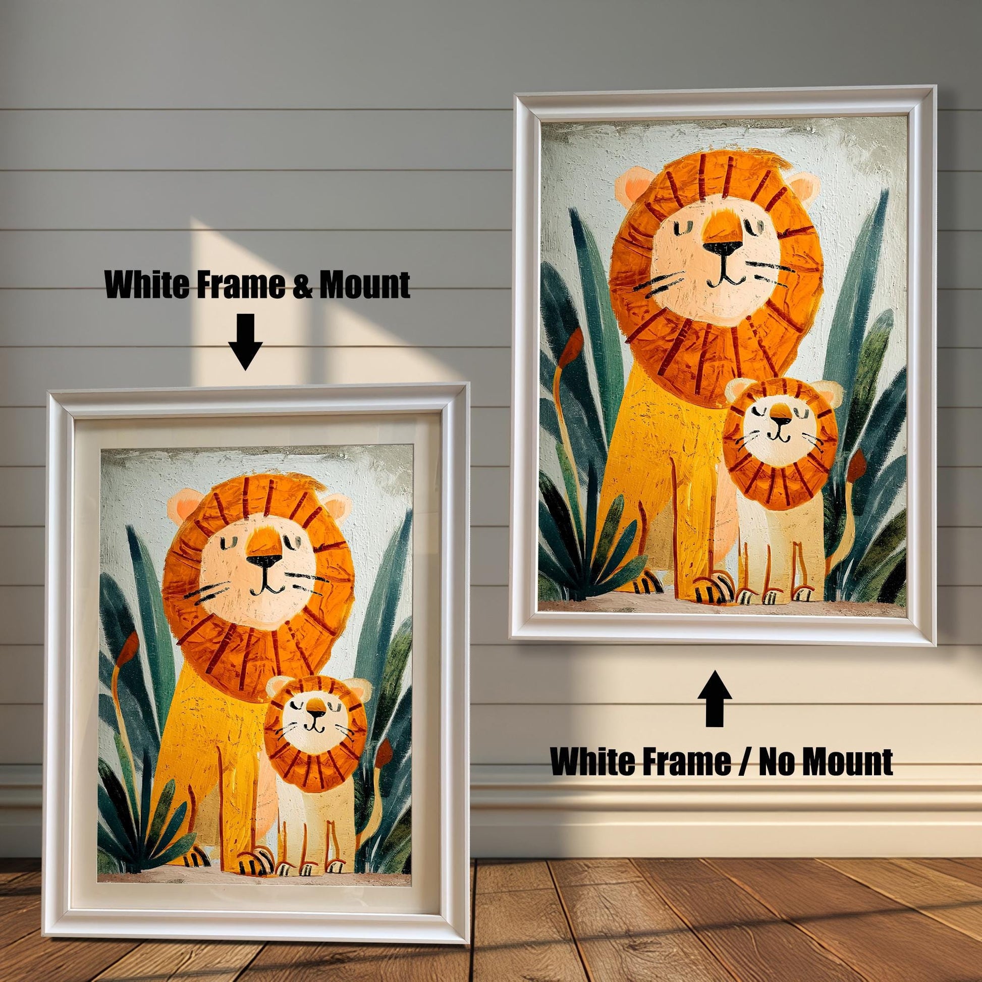 Comparison image showing the lion and cub print in a White Frame & Mount (left) and a White Frame / No Mount (right) against a white shiplap wall.