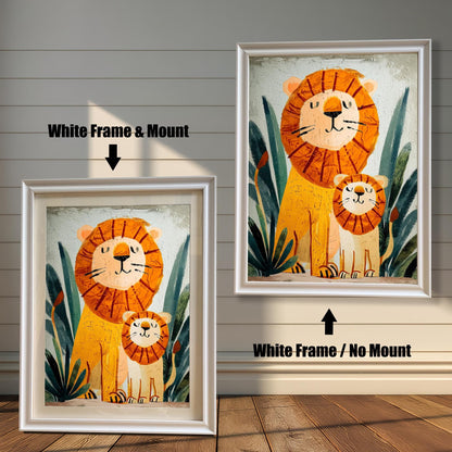 Comparison image showing the lion and cub print in a White Frame & Mount (left) and a White Frame / No Mount (right) against a white shiplap wall.
