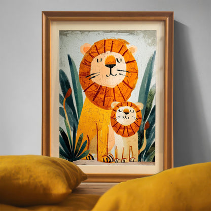 Close-up of a framed print showing a lion and cub in an Orange/light-brown wooden frame, with the framed artwork resting on a surface with bright yellow pillows in the foreground.