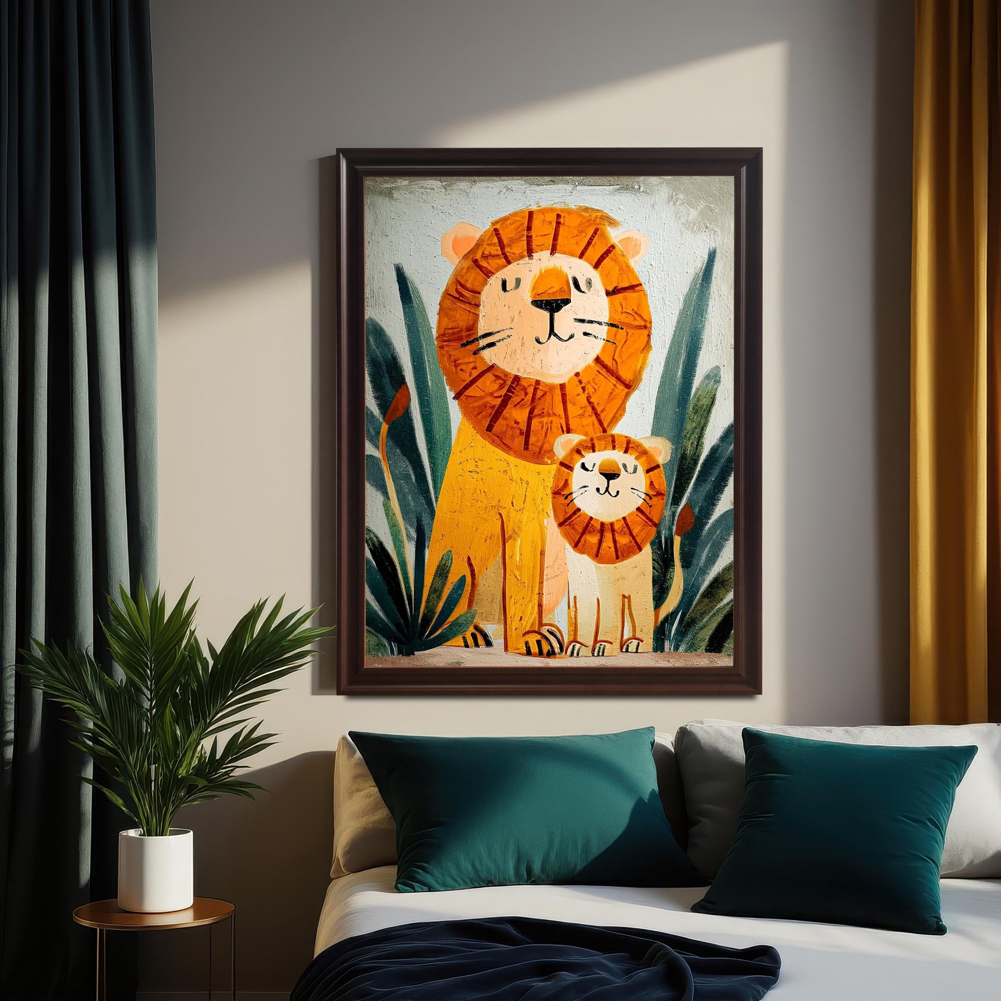 The framed art print of the lion and cub is hanging above a bed with dark teal and gray pillows. The artwork is set in a dark brown (coffee or black) frame. The room has neutral-toned walls, and dark teal and yellow curtains flank the image. A small potted plant sits on a side table to the left.