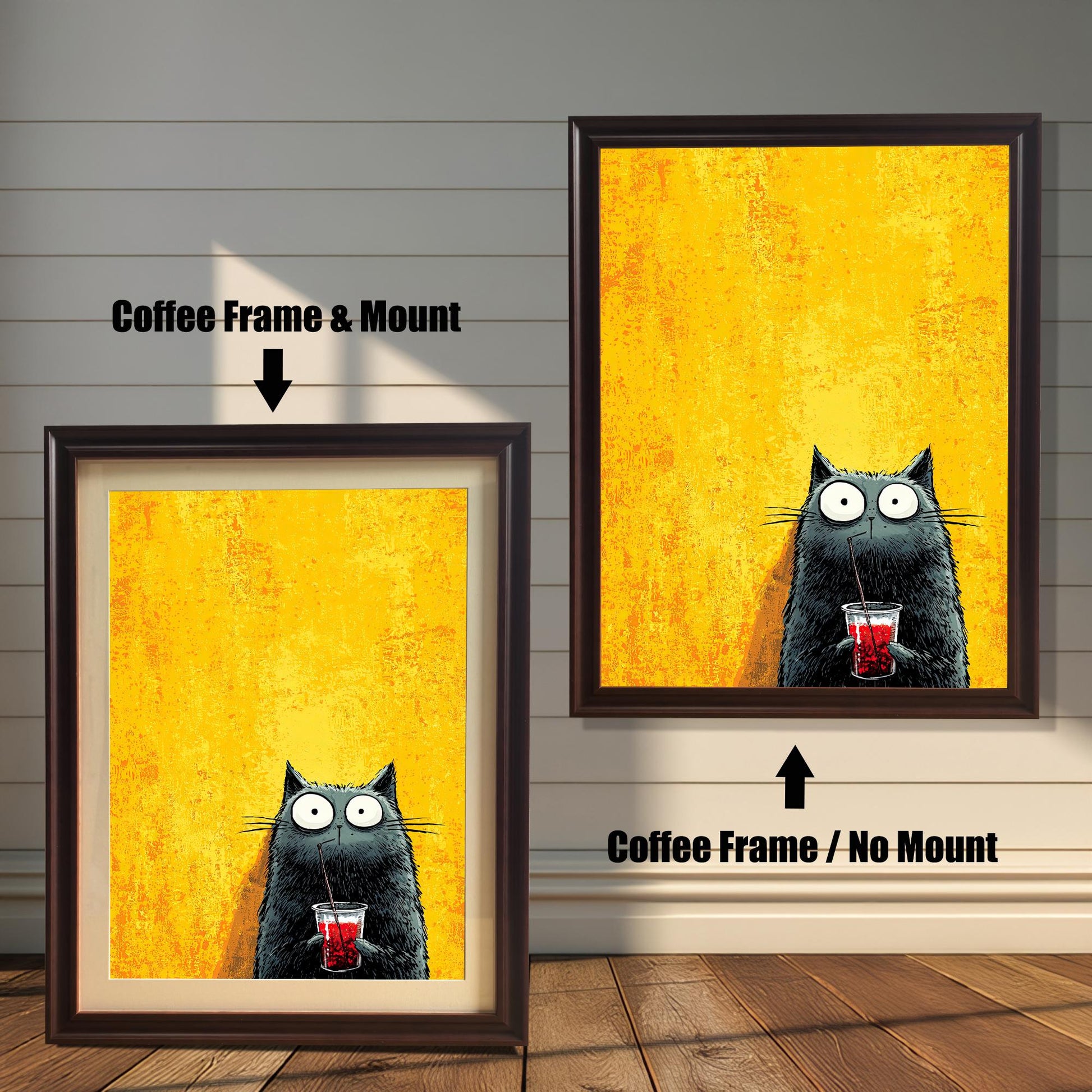 Comparison image showing the cat print in a Coffee Frame & Mount (left) and a Coffee Frame / No Mount (right) against a white shiplap wall.