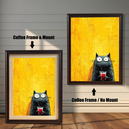 Comparison image showing the cat print in a Coffee Frame & Mount (left) and a Coffee Frame / No Mount (right) against a white shiplap wall.