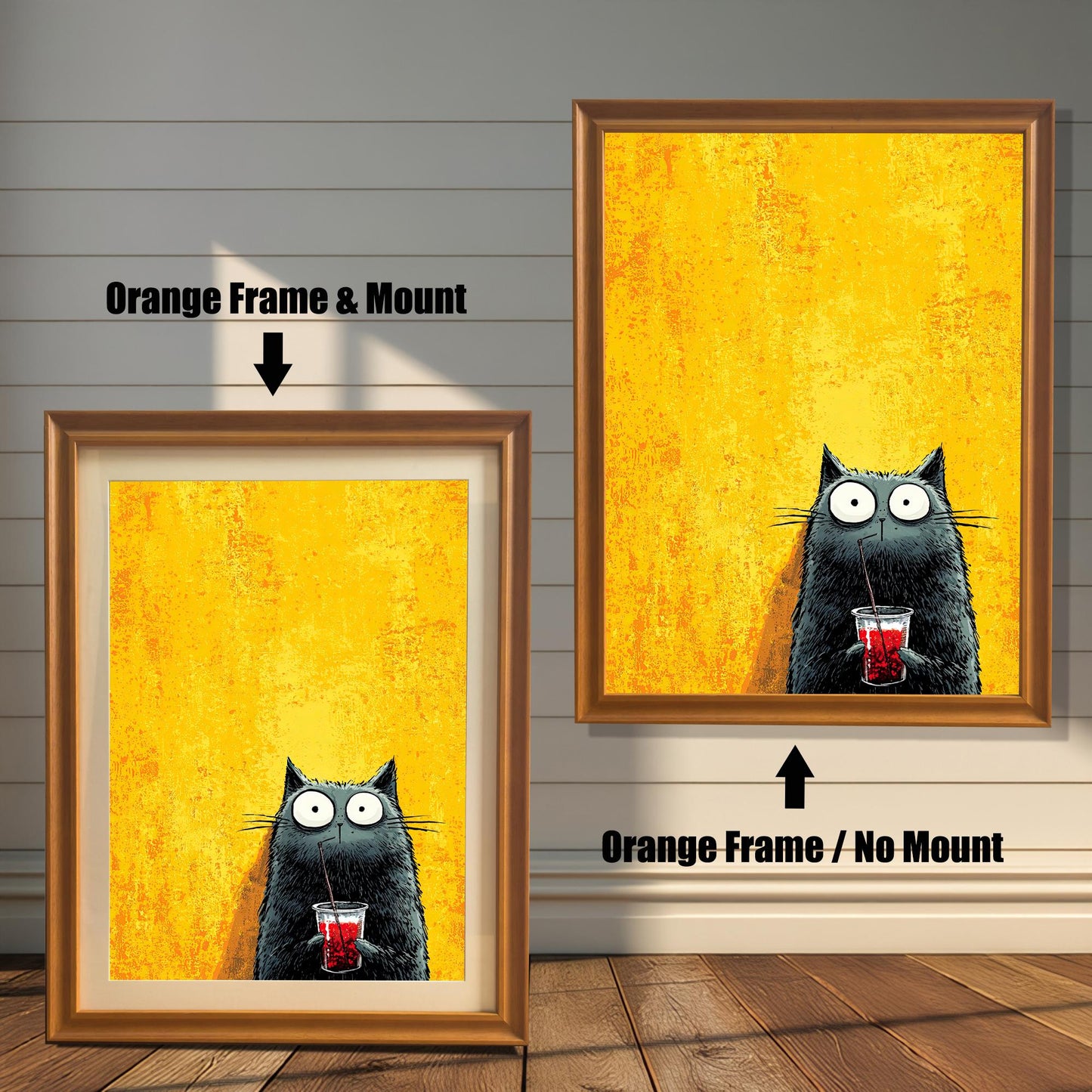 Comparison image showing the cat print in an Orange Frame & Mount (left) and an Orange Frame / No Mount (right) against a white shiplap wall.